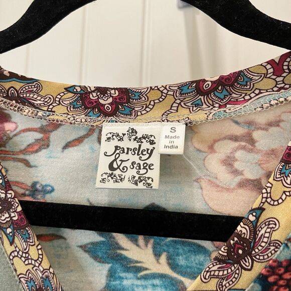 Parsley & Sage Floral Paisley Bright Colors 3/4 Sleeve Lettuce Trim Tunic Top S - Picture 4 of 11